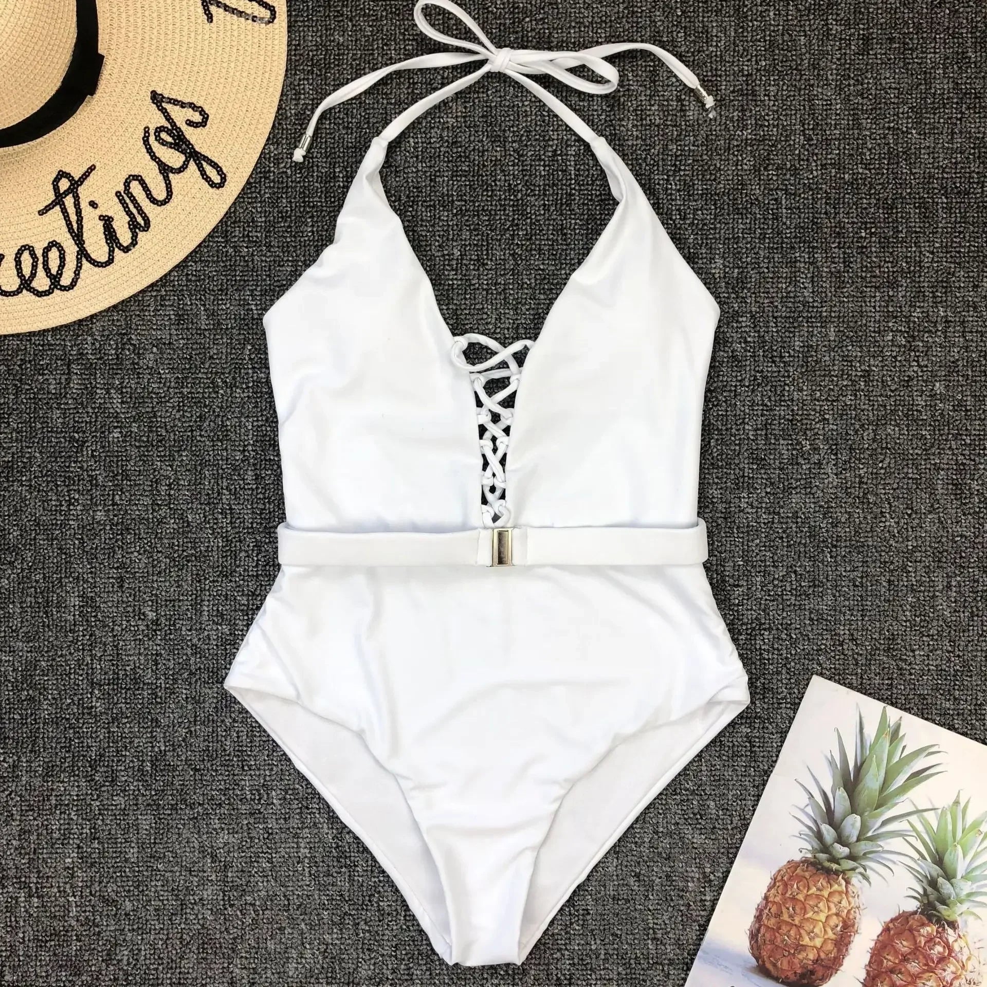 Hollow Out One Piece Swimsuit Solid White Red Bandage Push Up Backless Bathing Suit High Waist Swimsuit Monokini
