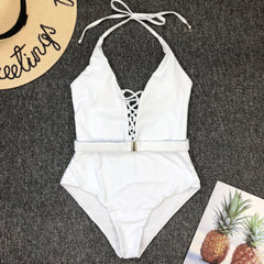 Hollow Out One Piece Swimsuit Solid White Red Bandage Push Up Backless Bathing Suit High Waist Swimsuit Monokini