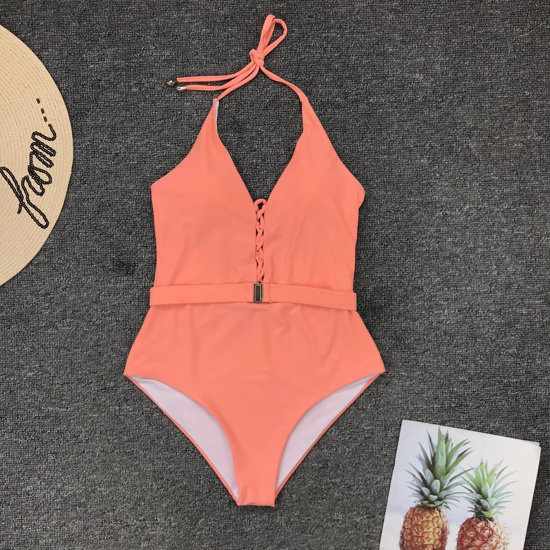 Hollow Out One Piece Swimsuit Solid White Red Bandage Push Up Backless Bathing Suit High Waist Swimsuit Monokini