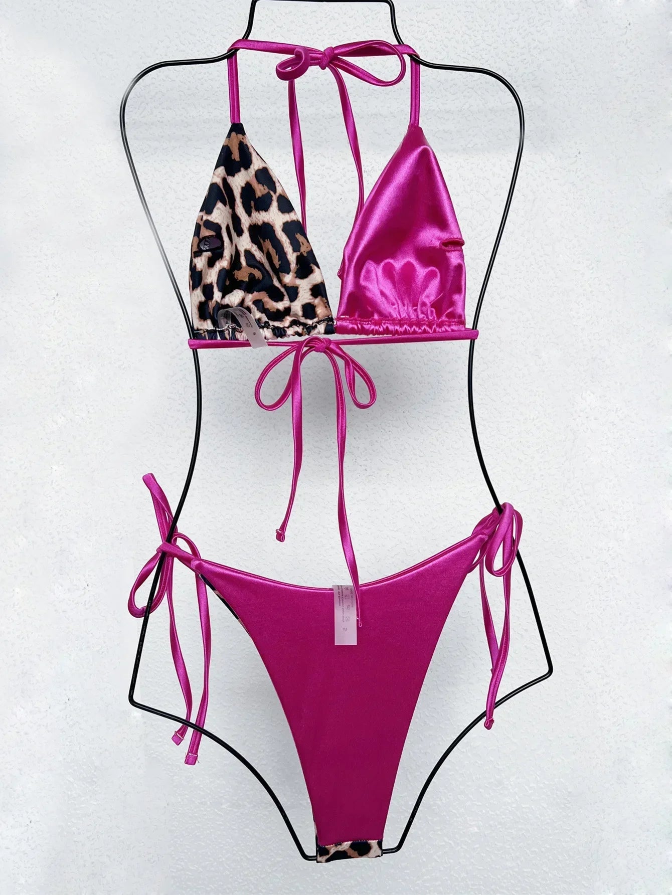 Leopard Print Spliced Swimsuit Low Waist Thong Two-piece Bikini Triangle Cup Halter Lace-up Backless Beachwear