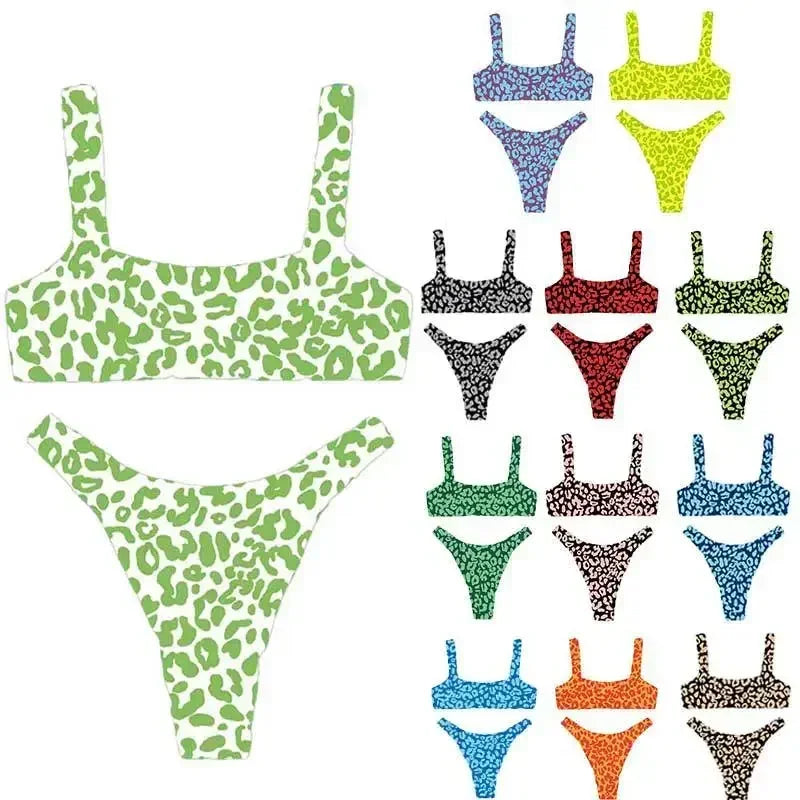 Micro Bikini 2-Piece Swimsuit Leopard Print High Waist Swimwear Suspender Multicolor Beach Bathing Suit
