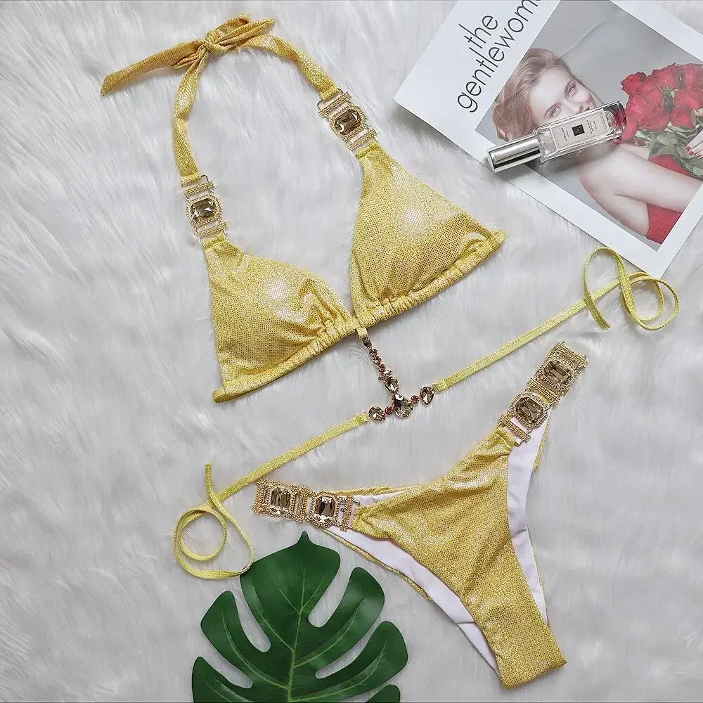 Rhinestone Bikini Snake Print Cut Out Bandage Cross Diamond Swimsuit Metal Chain Bathing Suit Swimwear