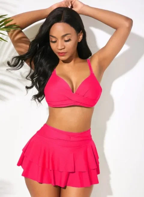 Ruffled Swimsuit Push Up Cross Bikini Maple Print Gradient Beach Skirt Bathing Suit Skirt Swimwear Tankini