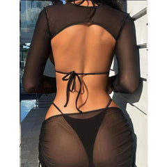 Solid Color Swimsuit Long Sleeve Mesh 3-Piece Bikini Hollow Out Bathing Suit Swimwear Backless Beachwear