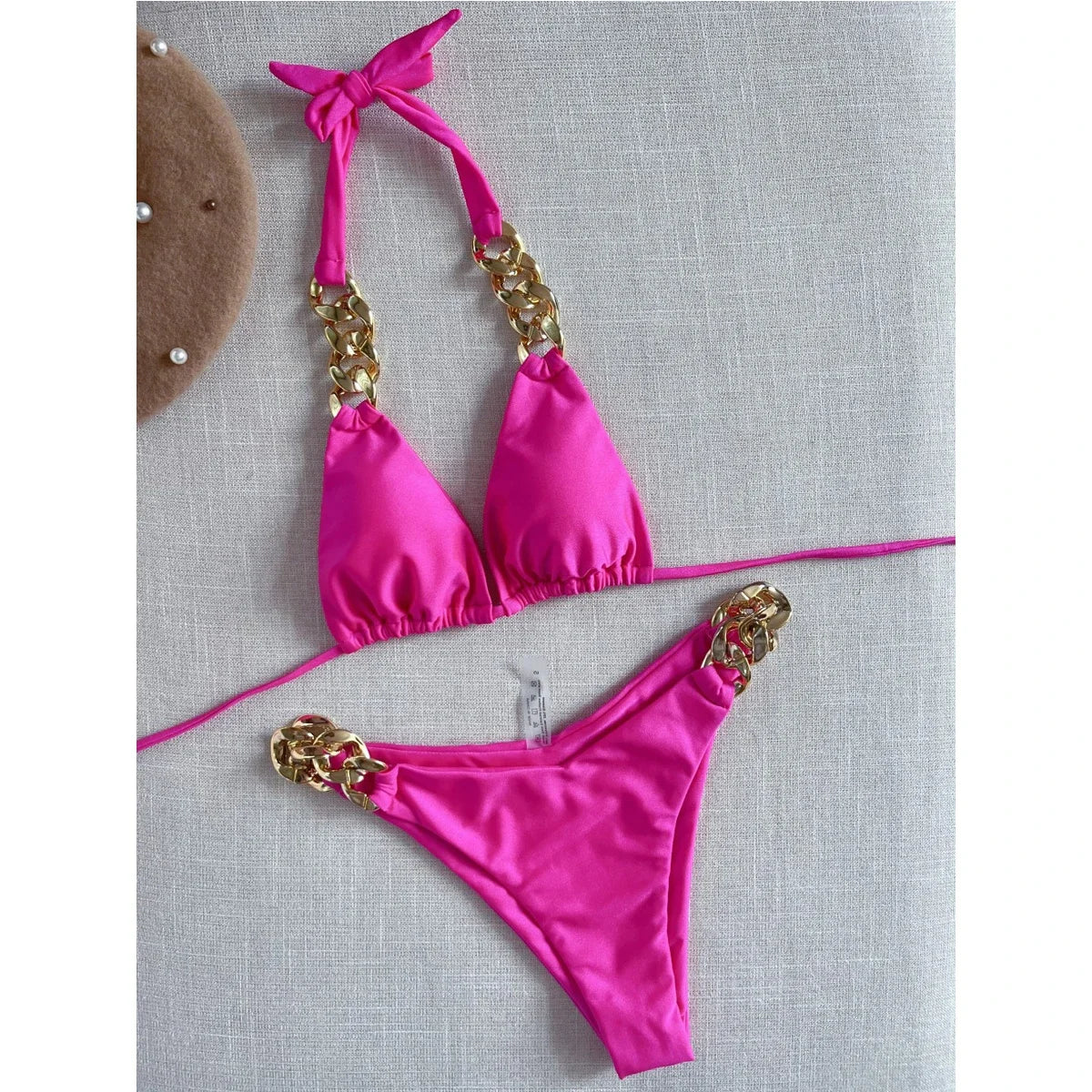 Solid Color Swimsuit Two Piece Chain Bikini V-neck Halter Lace-up Swimwear Low Waist Thong Beach Bathing Suit