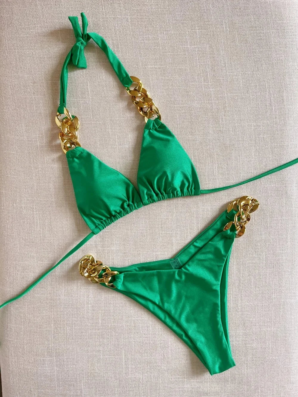 Solid Color Swimsuit Two Piece Chain Bikini V-neck Halter Lace-up Swimwear Low Waist Thong Beach Bathing Suit