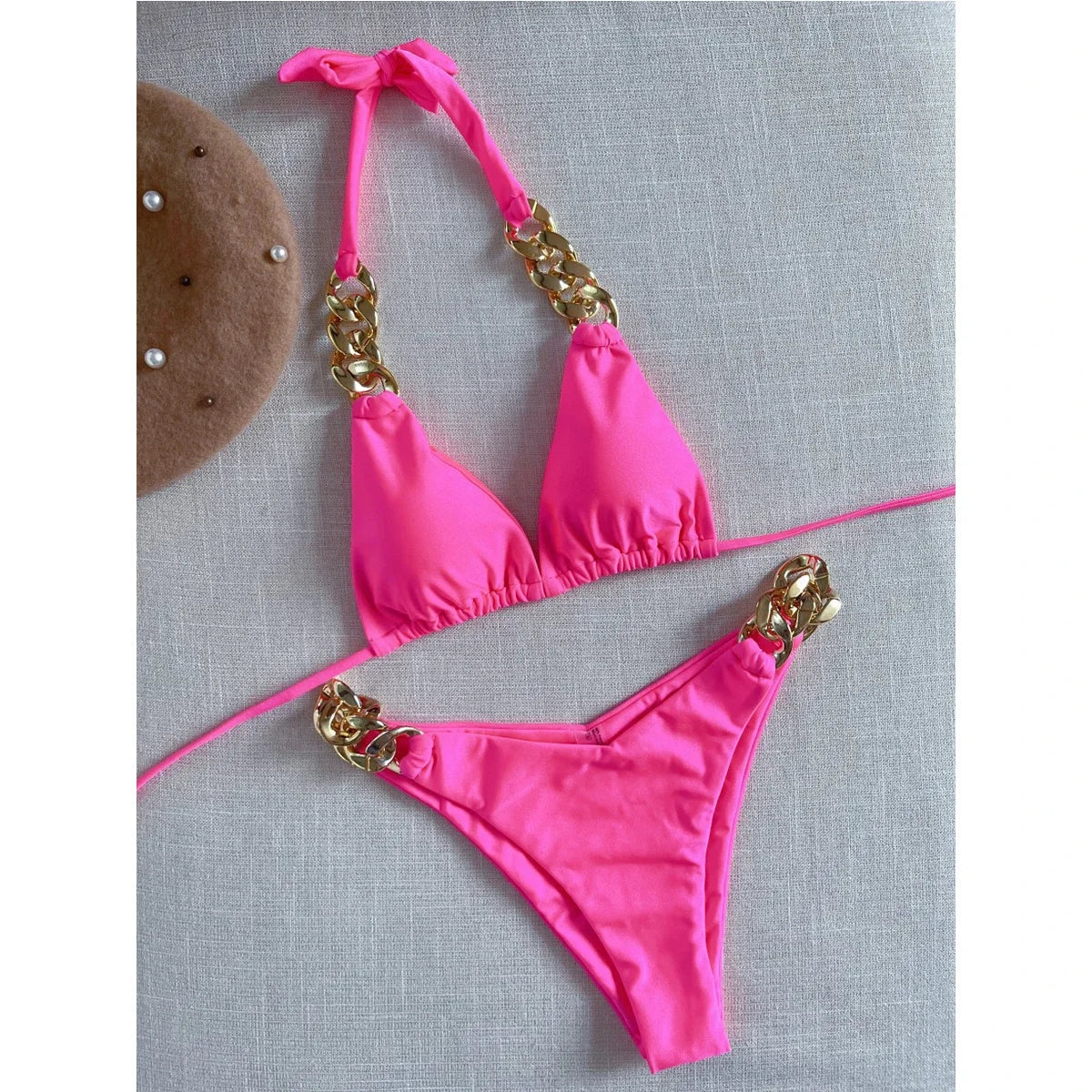 Solid Color Swimsuit Two Piece Chain Bikini V-neck Halter Lace-up Swimwear Low Waist Thong Beach Bathing Suit