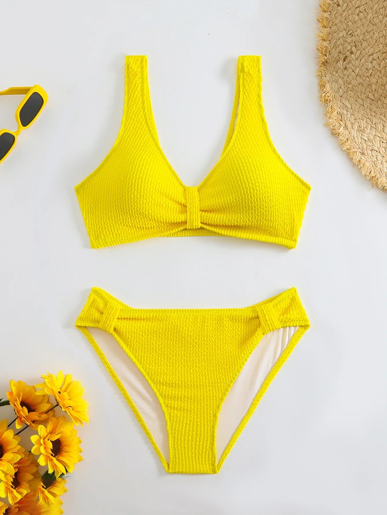 2 Piece Swimsuit Solid Color High Waist Bikini Set