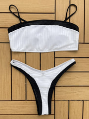 Swimsuit High Waist Two Piece Bikini Black White Patchwork Suspender Swimwear Backless Beach Bathing Suit
