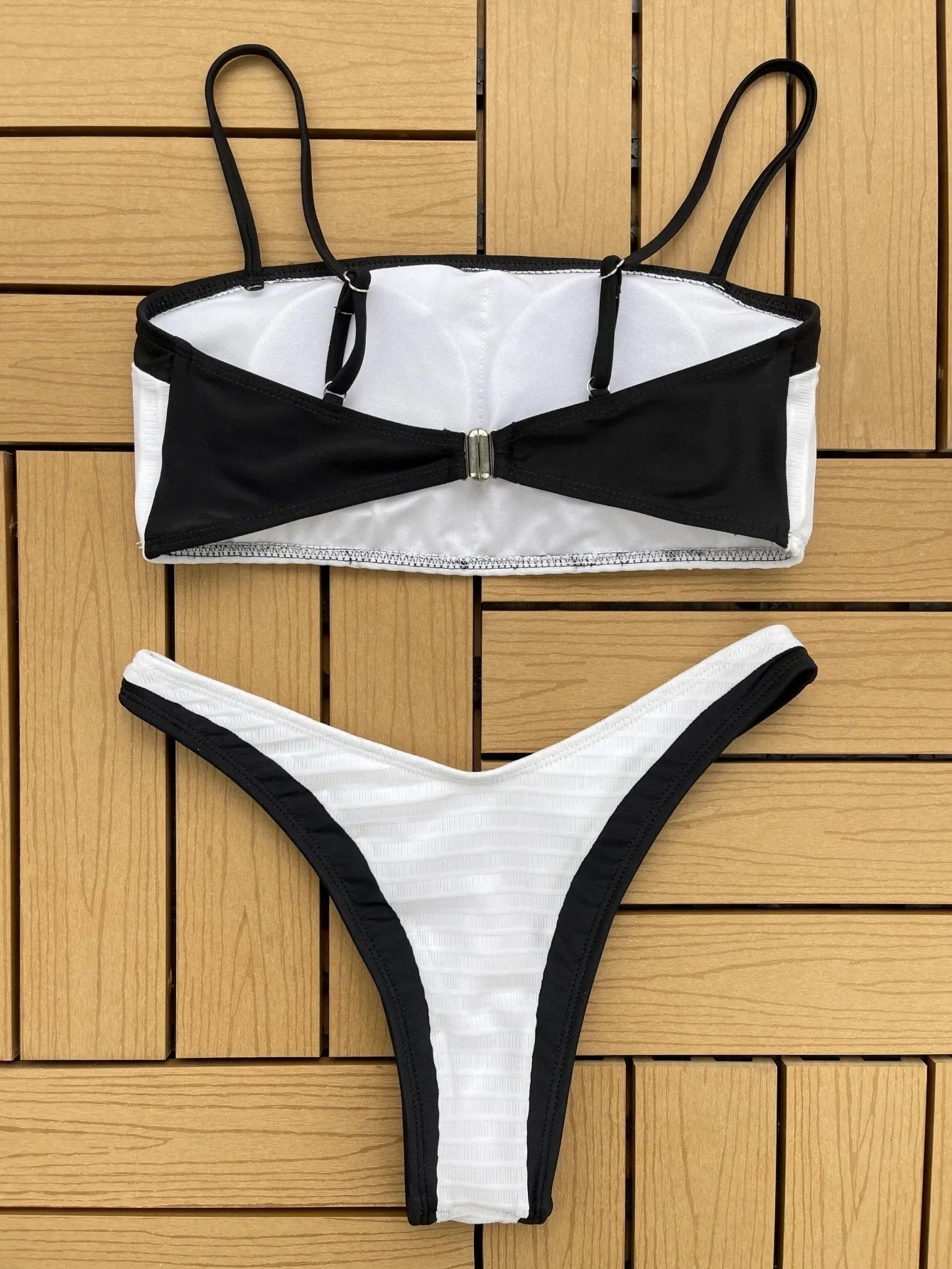 Swimsuit High Waist Two Piece Bikini Black White Patchwork Suspender Swimwear Backless Beach Bathing Suit