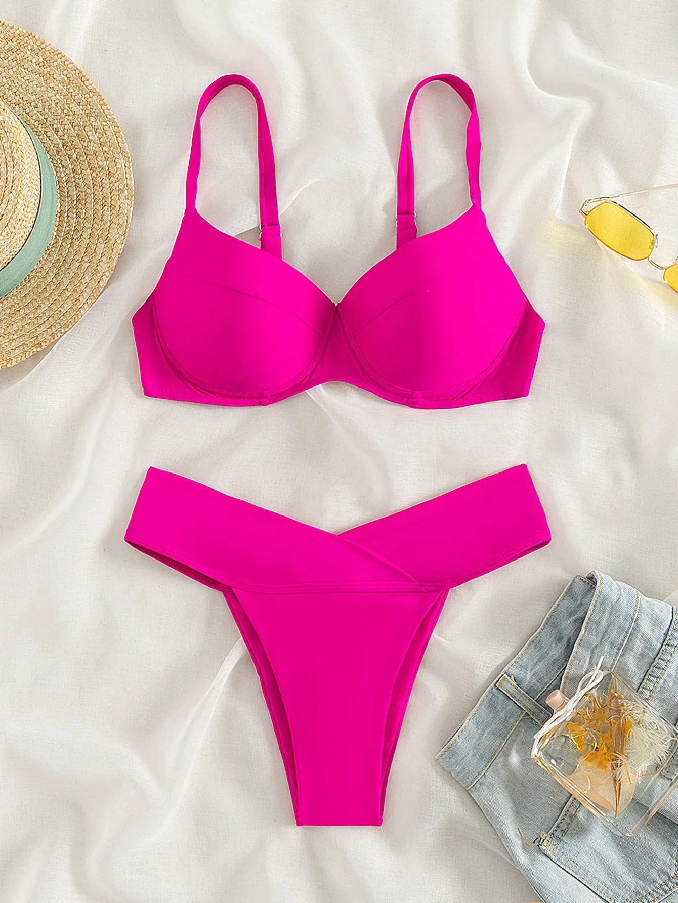 Swimsuit Pink Two Piece Bikini High Waist Underwire Suspender Swimwear Beach Bathing Suit Beachwear Summer