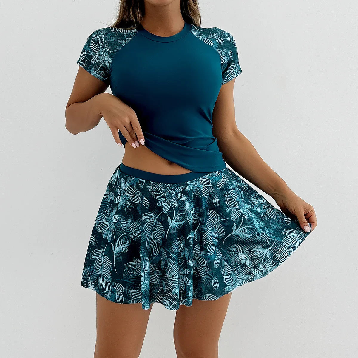 Split Bikini Beach Skirt Sports 2 Piece Swimsuit High Waist Tankini Swimwear Round Neck Short Sleeve Bathing Suit