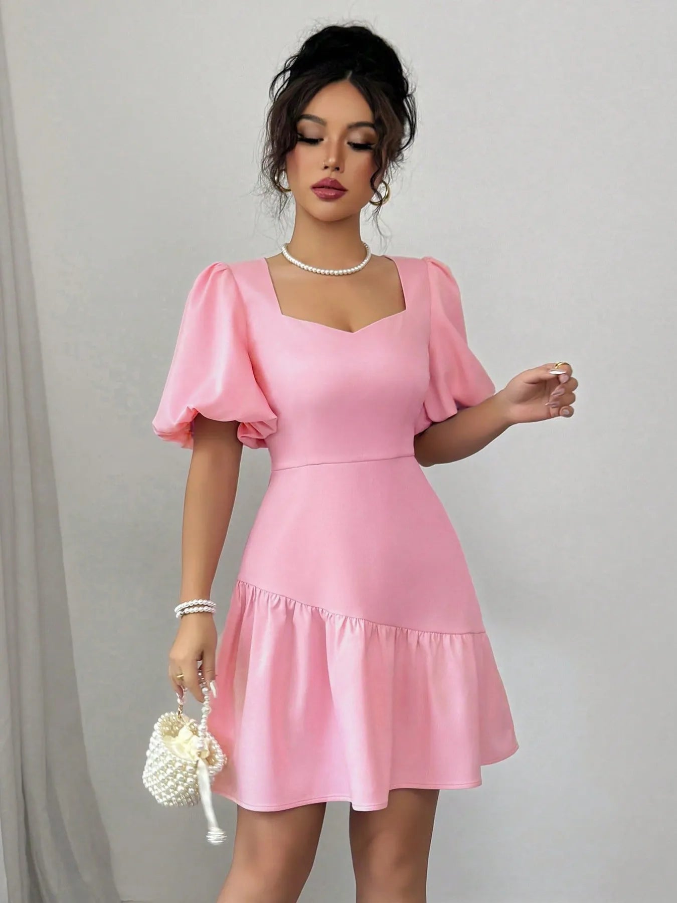 Ruffled Hem Puff Sleeve Mini Dress