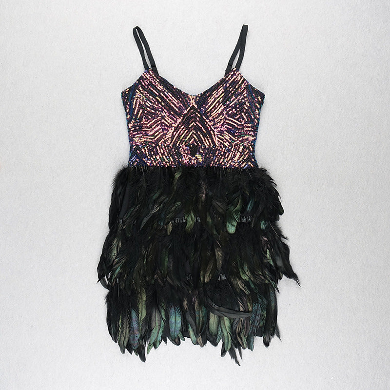 Sequin Feather Details Mini Dress