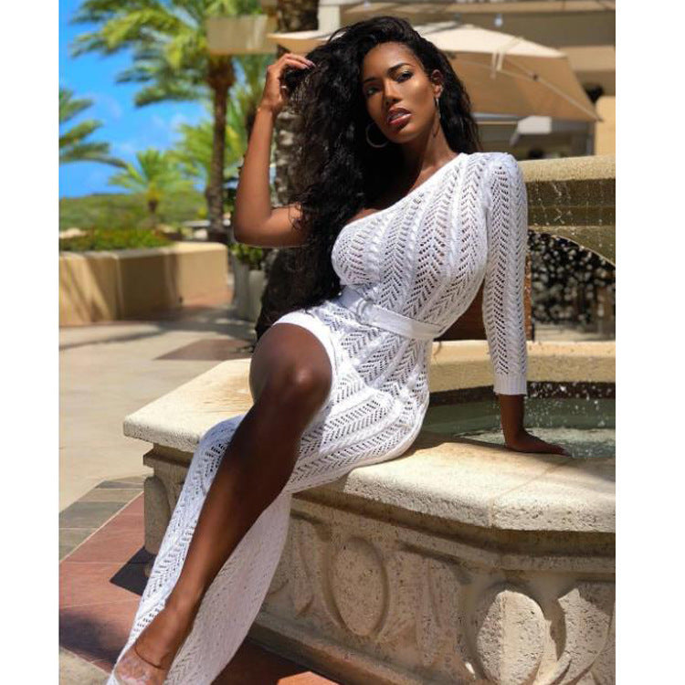 Openwork One-Shoulder Belted Split Dress-White