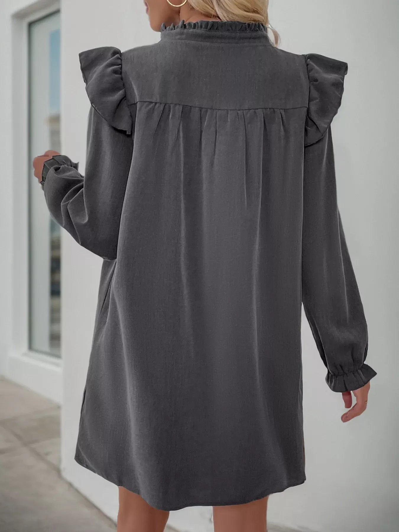 Ruffled Notched Long Sleeve Dress