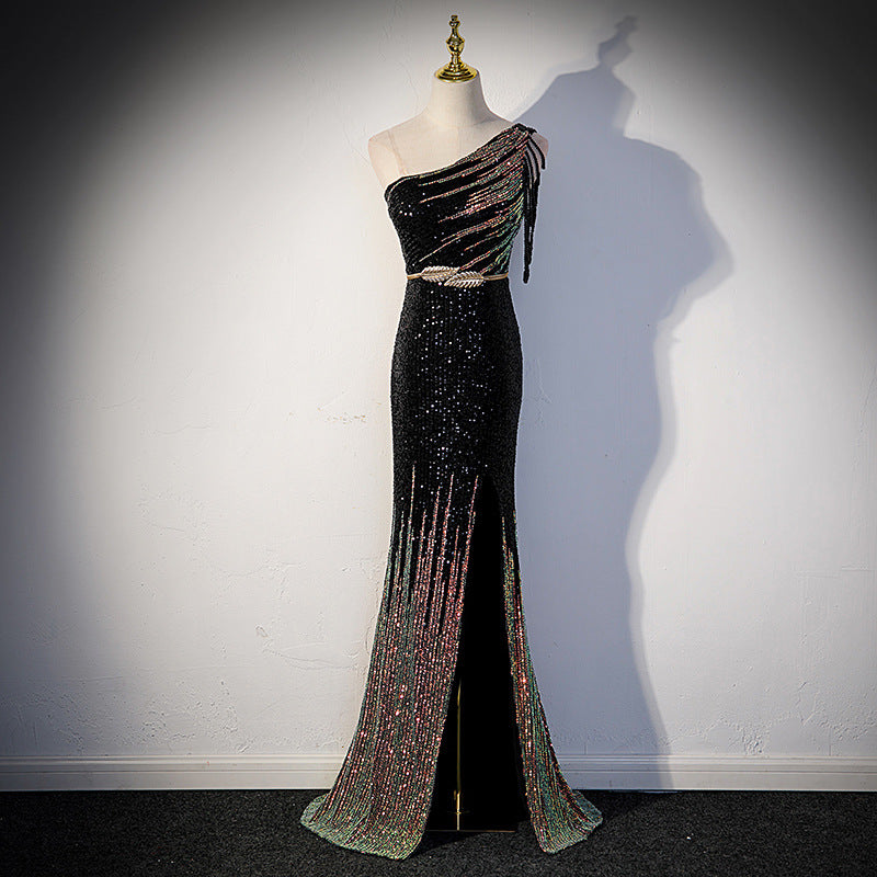 Celeb Event Sequin Long Split Fishtail Dress