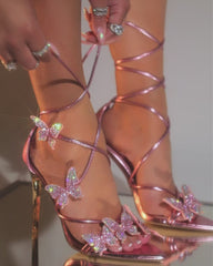 Zarita Crystal Butterfly Lace Up Sandals In Pink