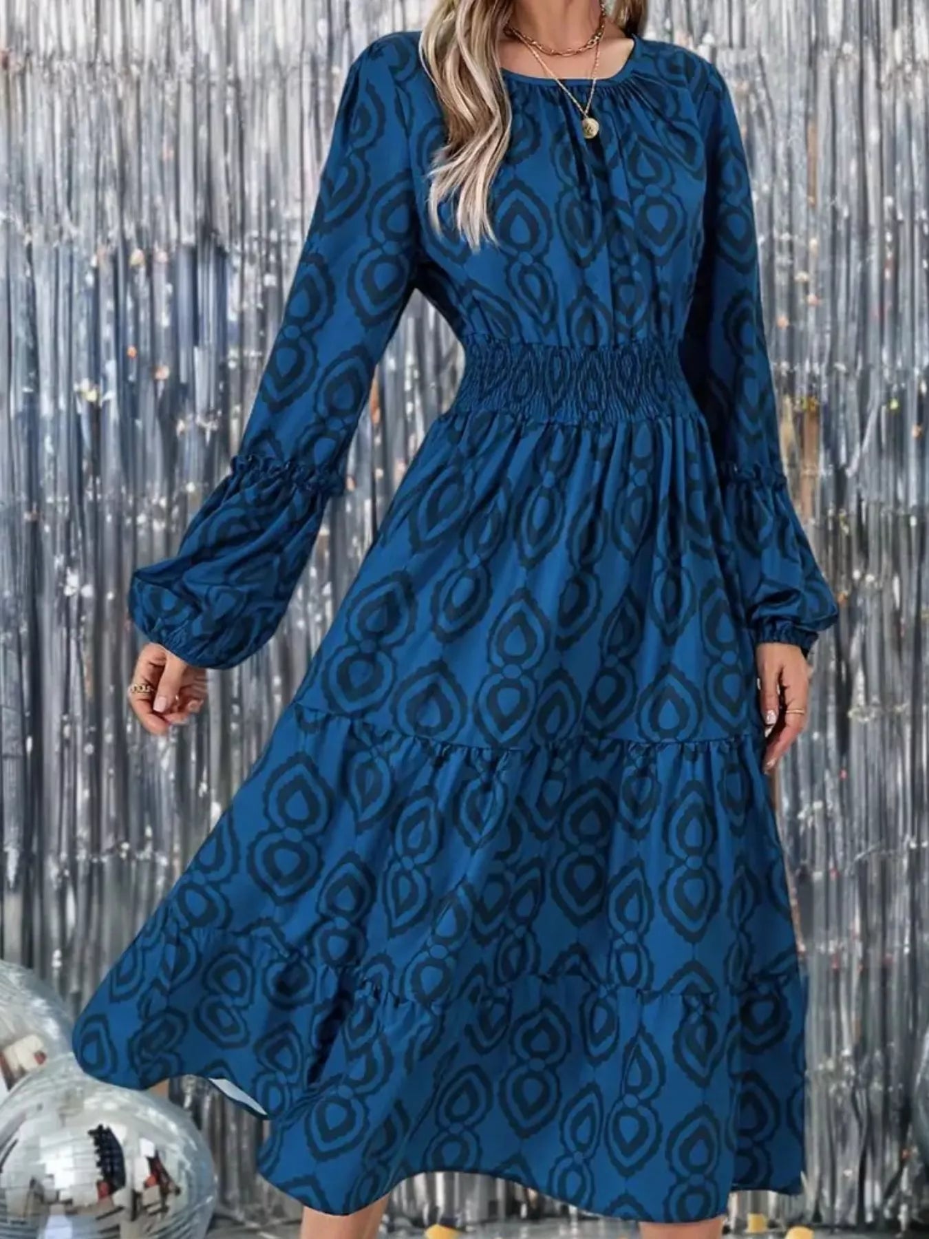Smocked Round Neck Balloon Sleeve Midi Dress