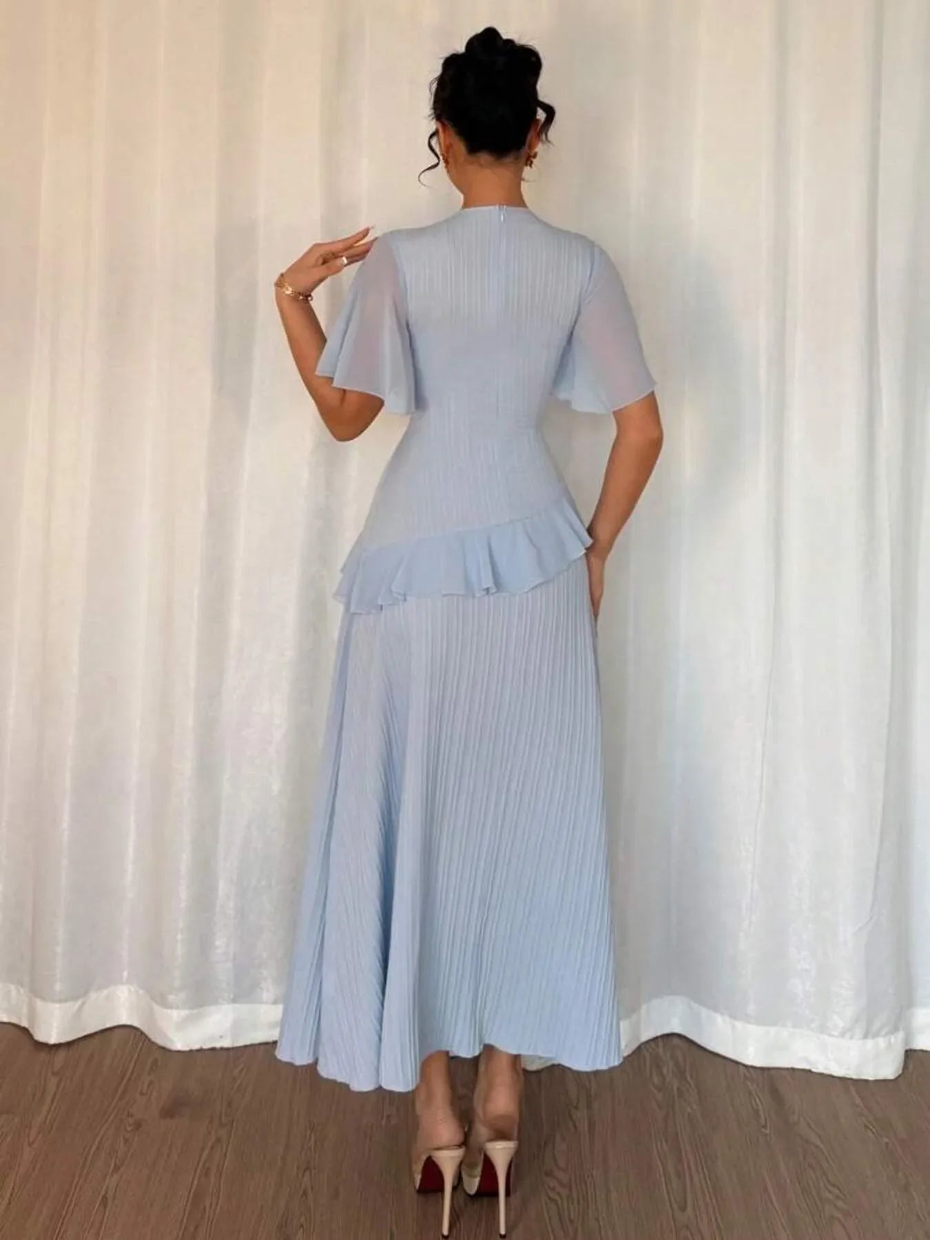 Ruffled Round Neck Flutter Sleeve Dress