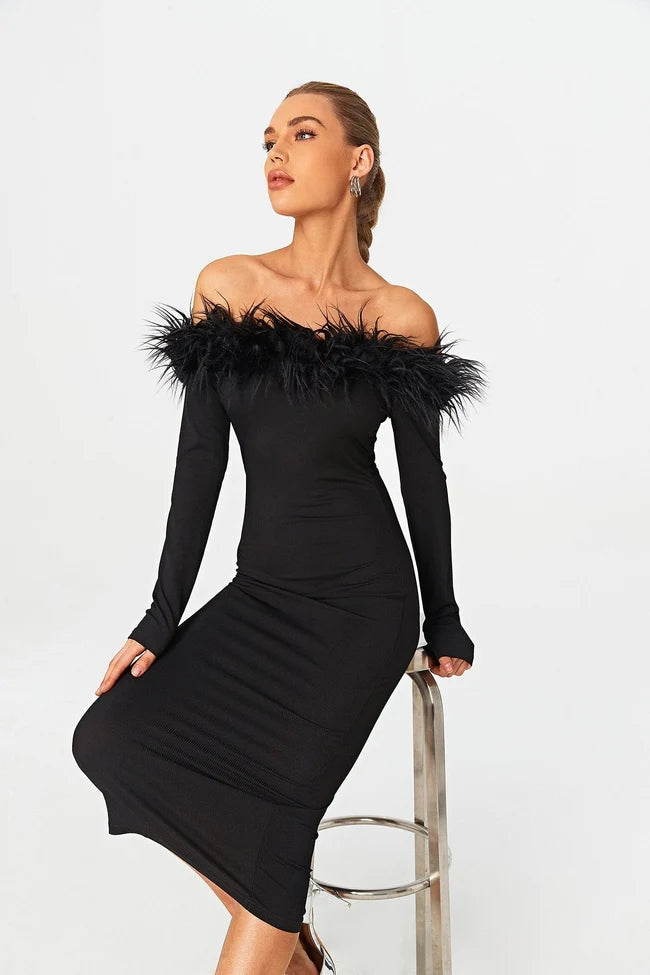 Chic Off-Shoulder Black Feather Midi Dress