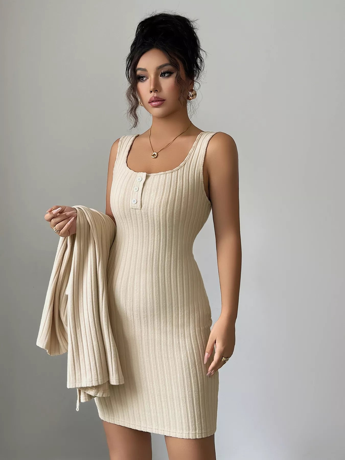 Ribbed Knit Cardigan & Dress Sweater Set