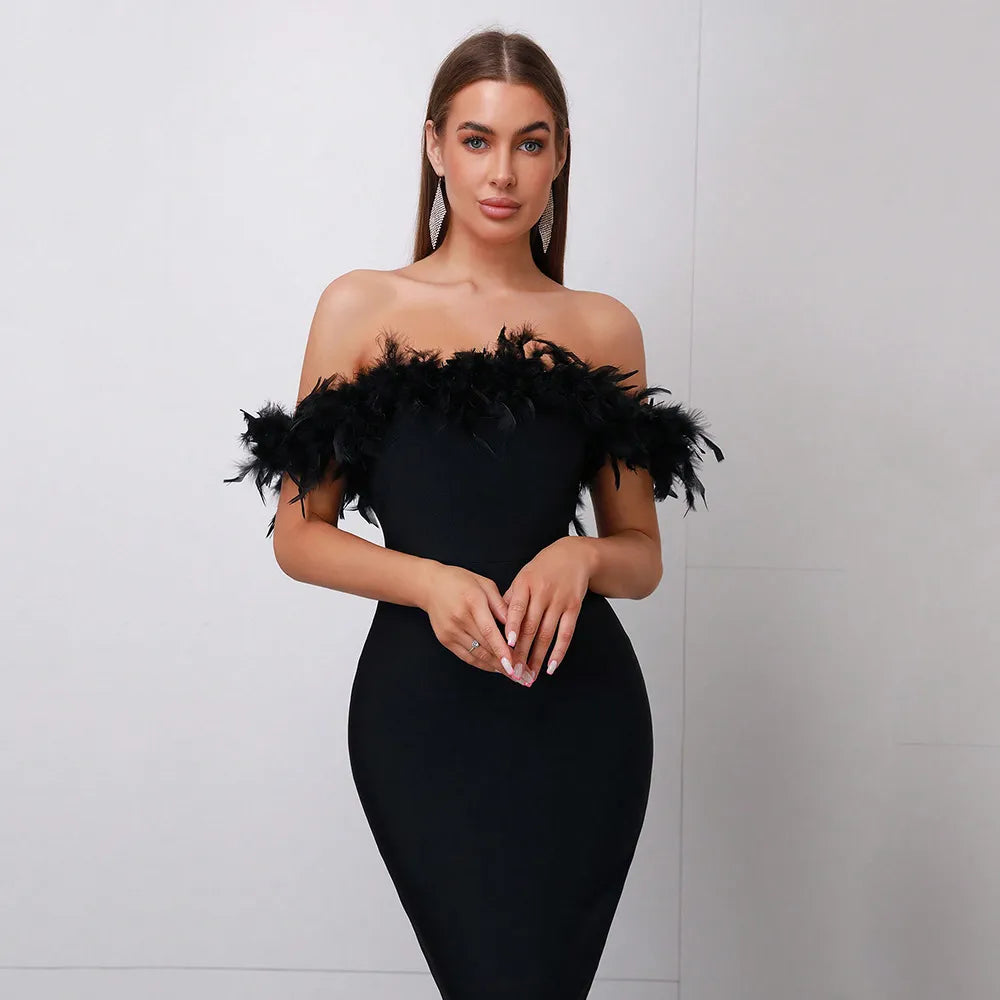 Alyia Off-Shoulder Feather Dress