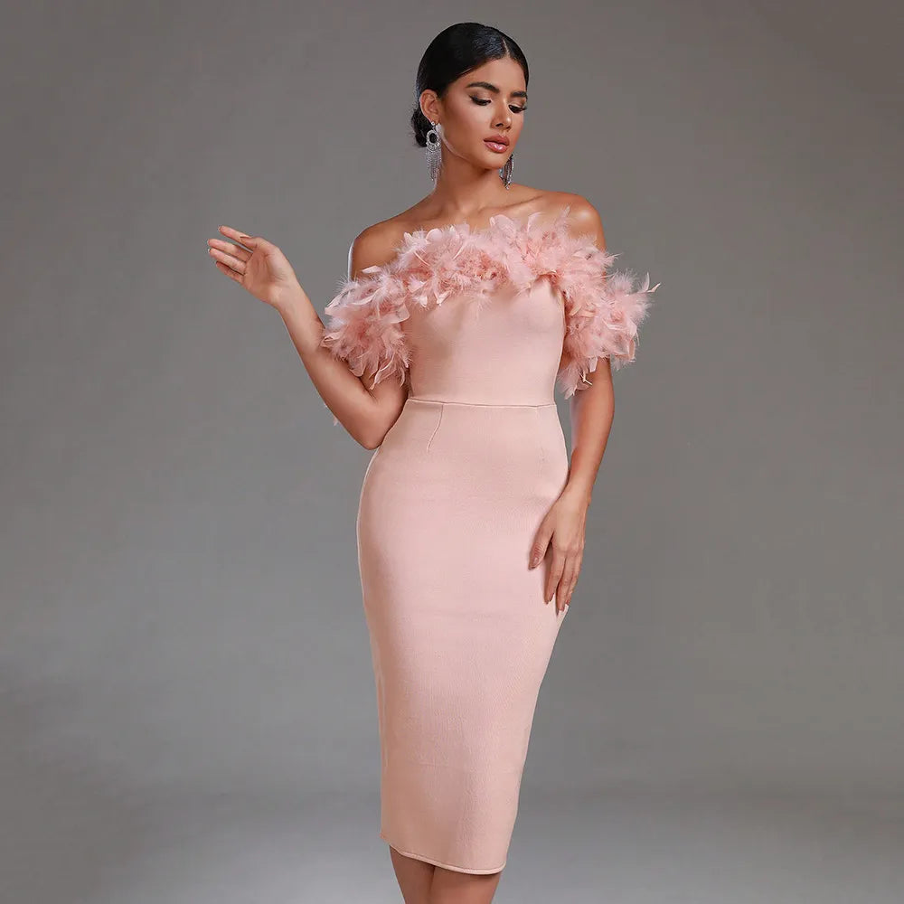 Alyia Off-Shoulder Feather Dress
