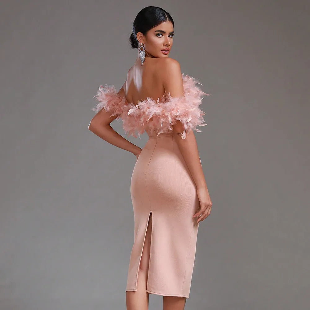 Alyia Off-Shoulder Feather Dress