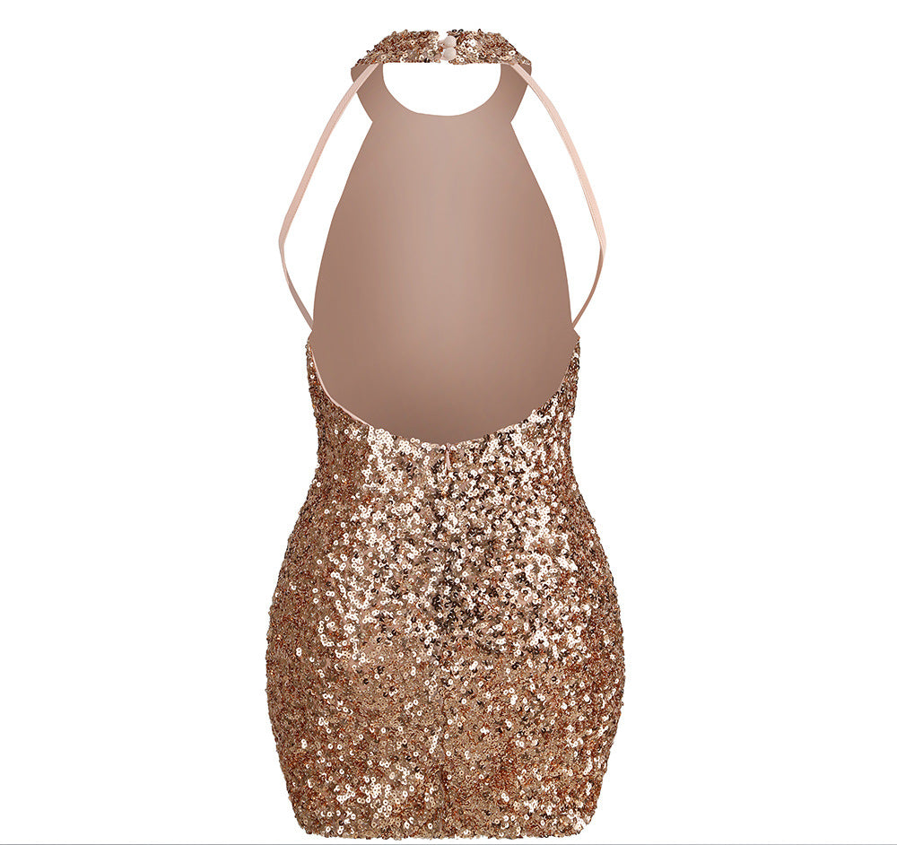 Alyia Halter Sequins Backless Mini Party Dress-Red