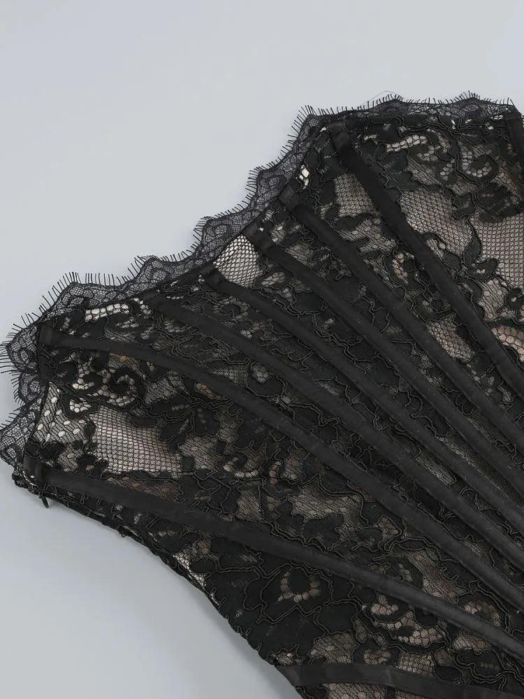 Alyia Lace Ruche Corset Celeb Dress-Black