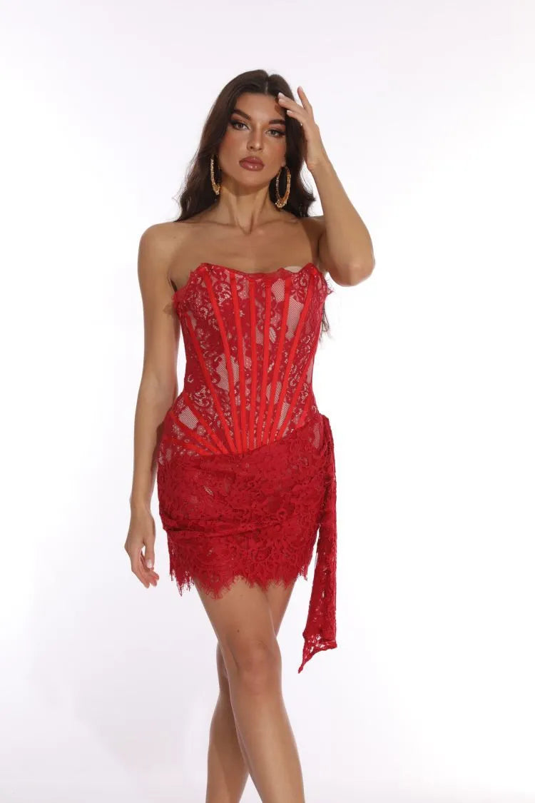 Alyia Lace Ruche Corset Celeb Dress-White