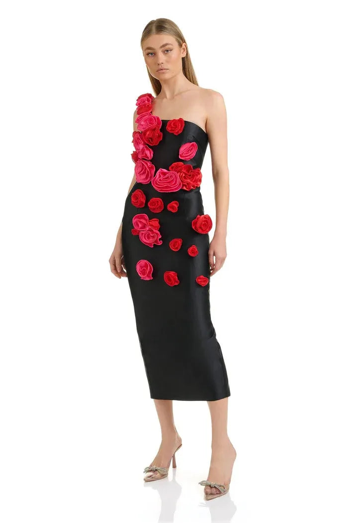 Alyia One Shoulder Red Rose Mid Dress