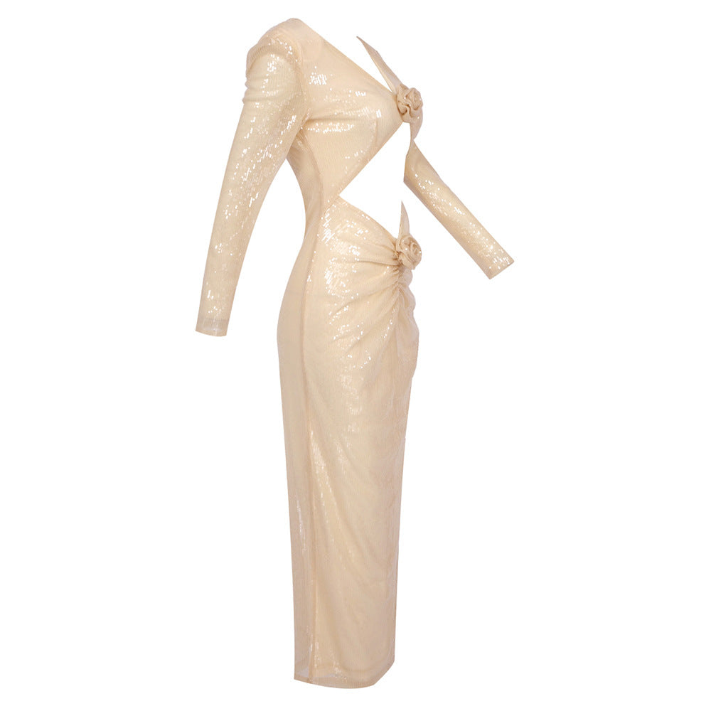 Diag Collar Metallic Mesh Flow Dress