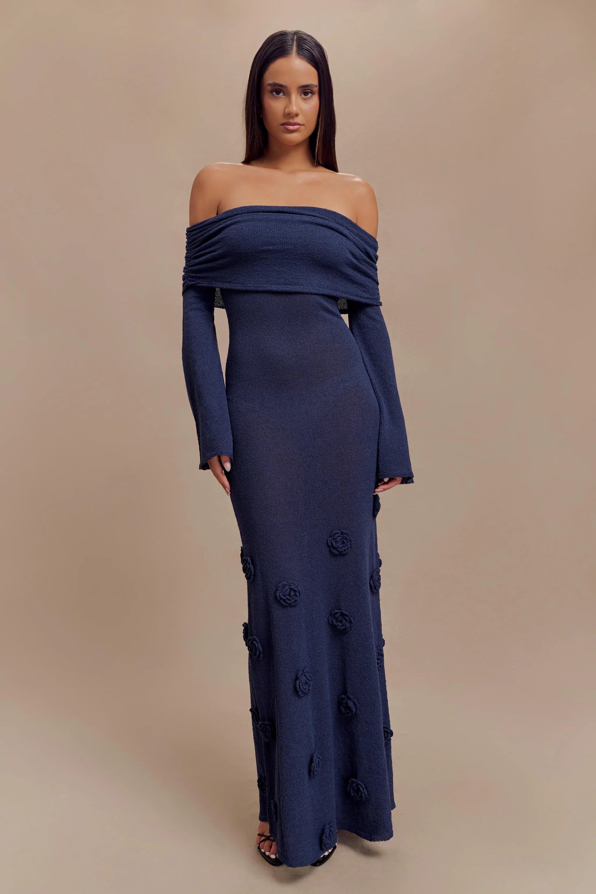 Karika Off Shoulder Knit Rose Maxi Dress