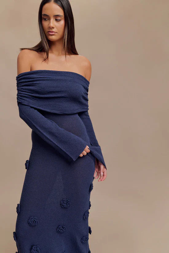 Karika Off Shoulder Knit Rose Maxi Dress