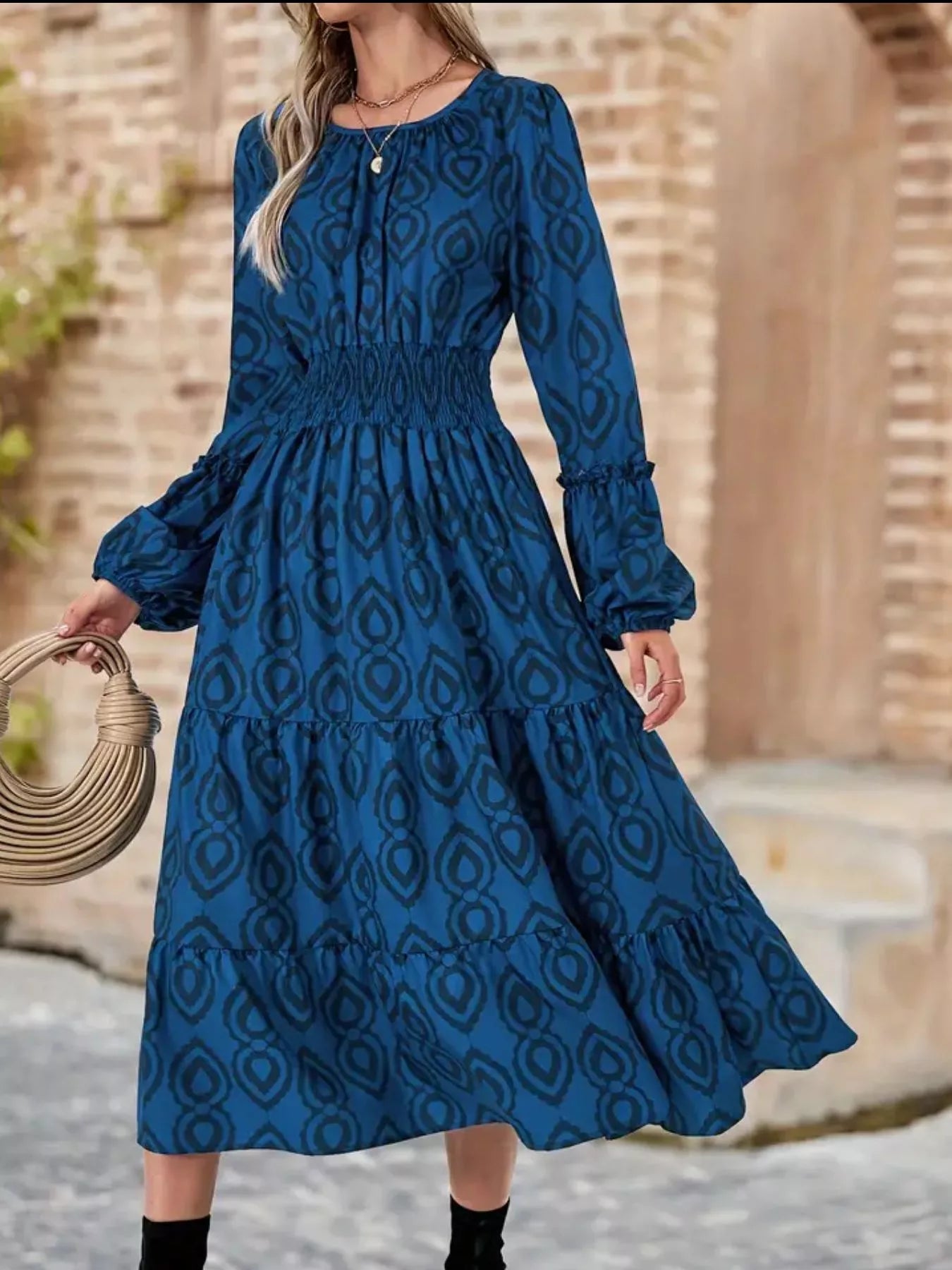 Smocked Round Neck Balloon Sleeve Midi Dress