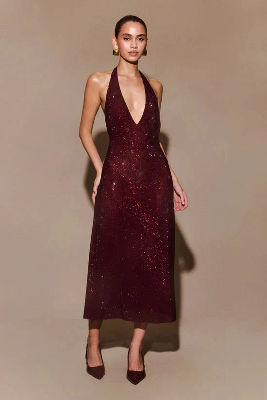 Allure Sparkling Midi party Dress -Purplish red