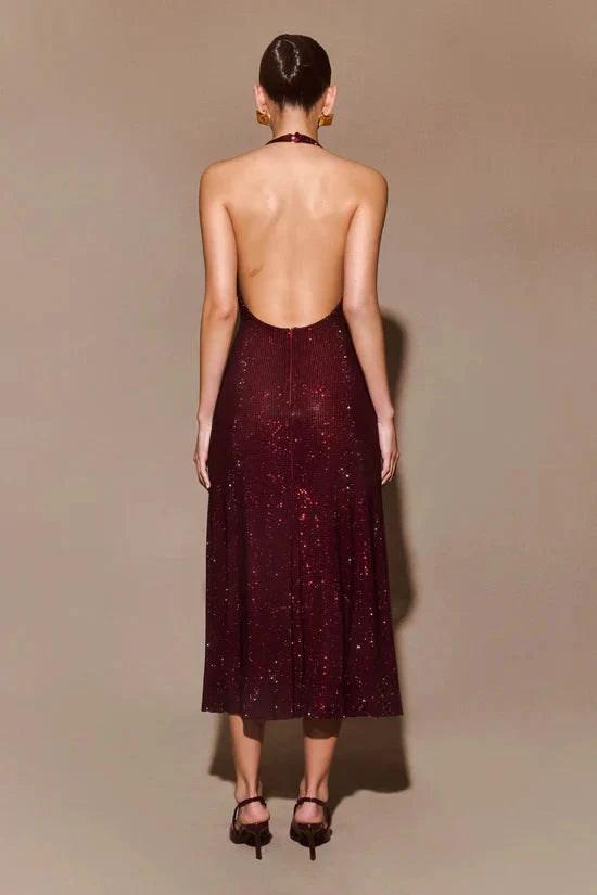 Allure Sparkling Midi party Dress -Purplish red