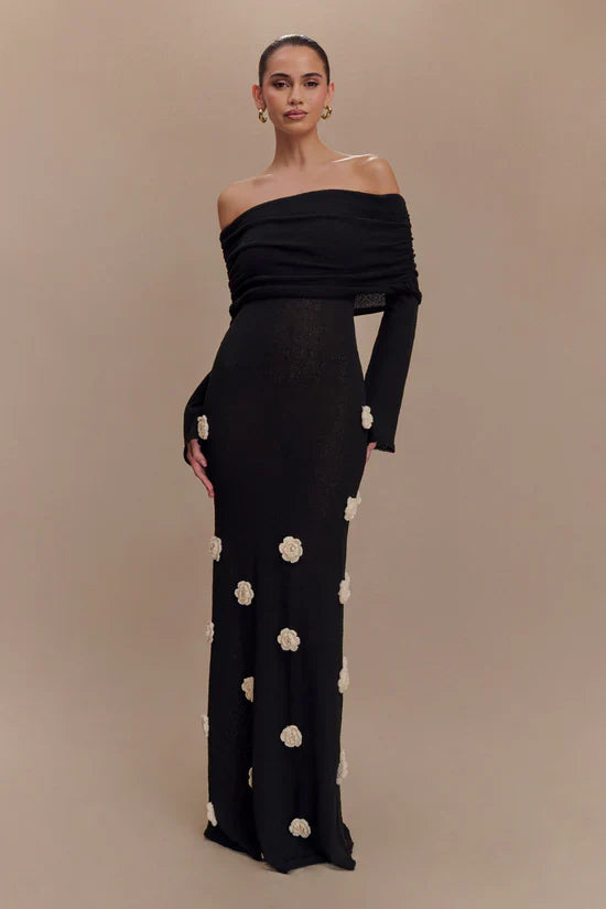 Karika Off Shoulder Knit Rose Maxi Dress