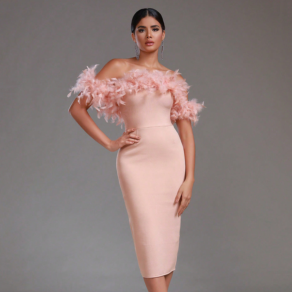 Alyia Off-Shoulder Feather Dress