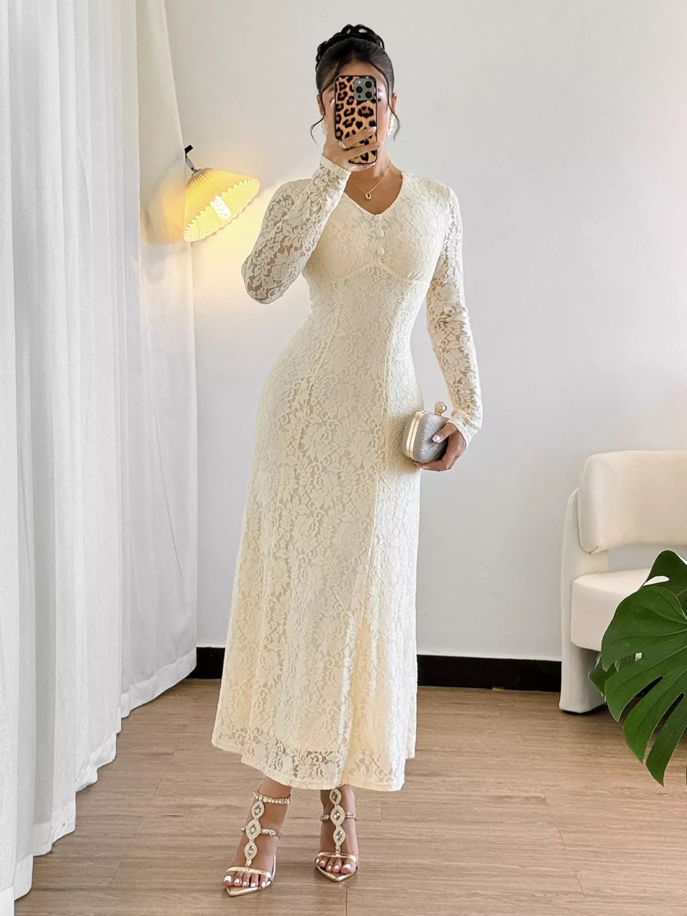 Lace V-Neck Long Sleeve Dress