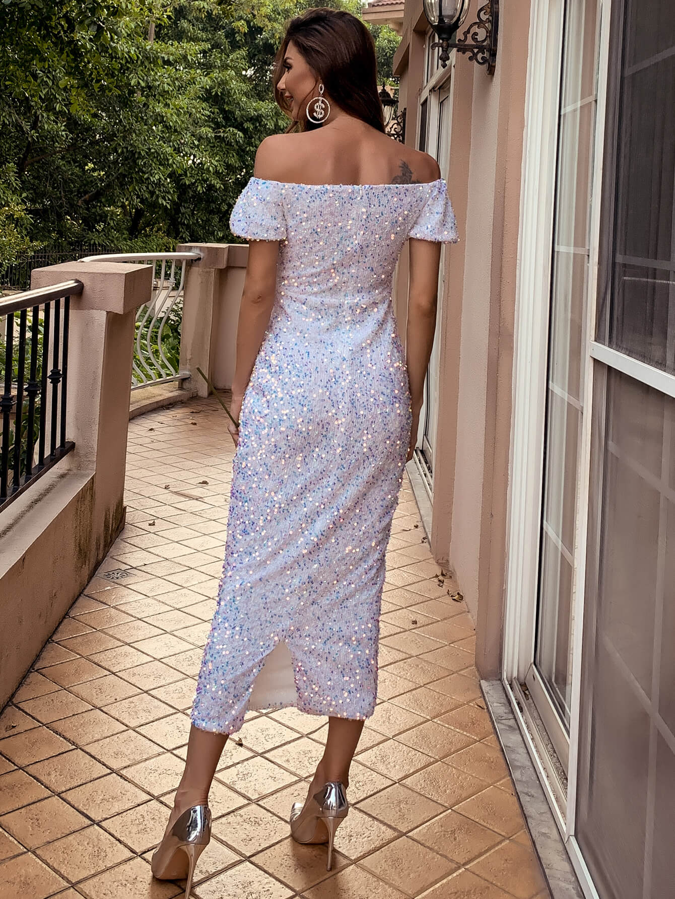 Sequin Back Slit Bodycon Midi Dress