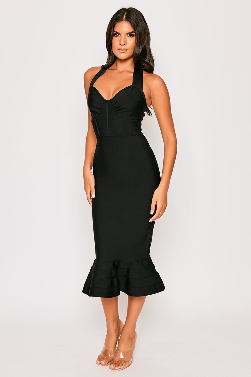 Alyia-Black Halterneck Fishtail Bandage Dress