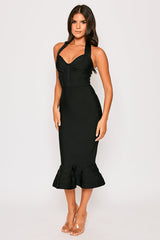 Alyia-Black Halterneck Fishtail Bandage Dress