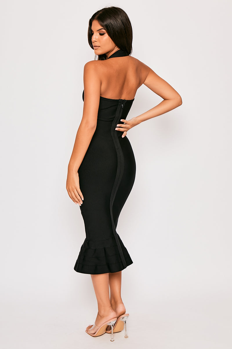 Alyia-Black Halterneck Fishtail Bandage Dress
