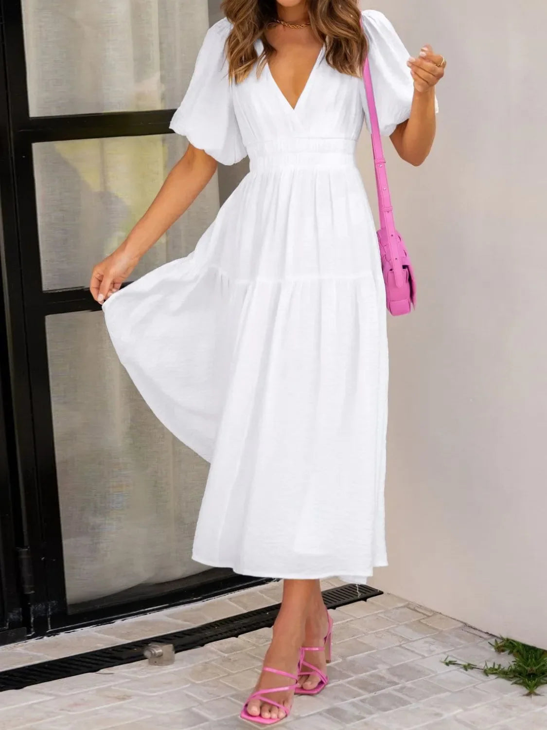 V-Neck Puff Sleeve Midi Dress