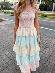 Smocked Ruffle Layered Floral Midi Dress