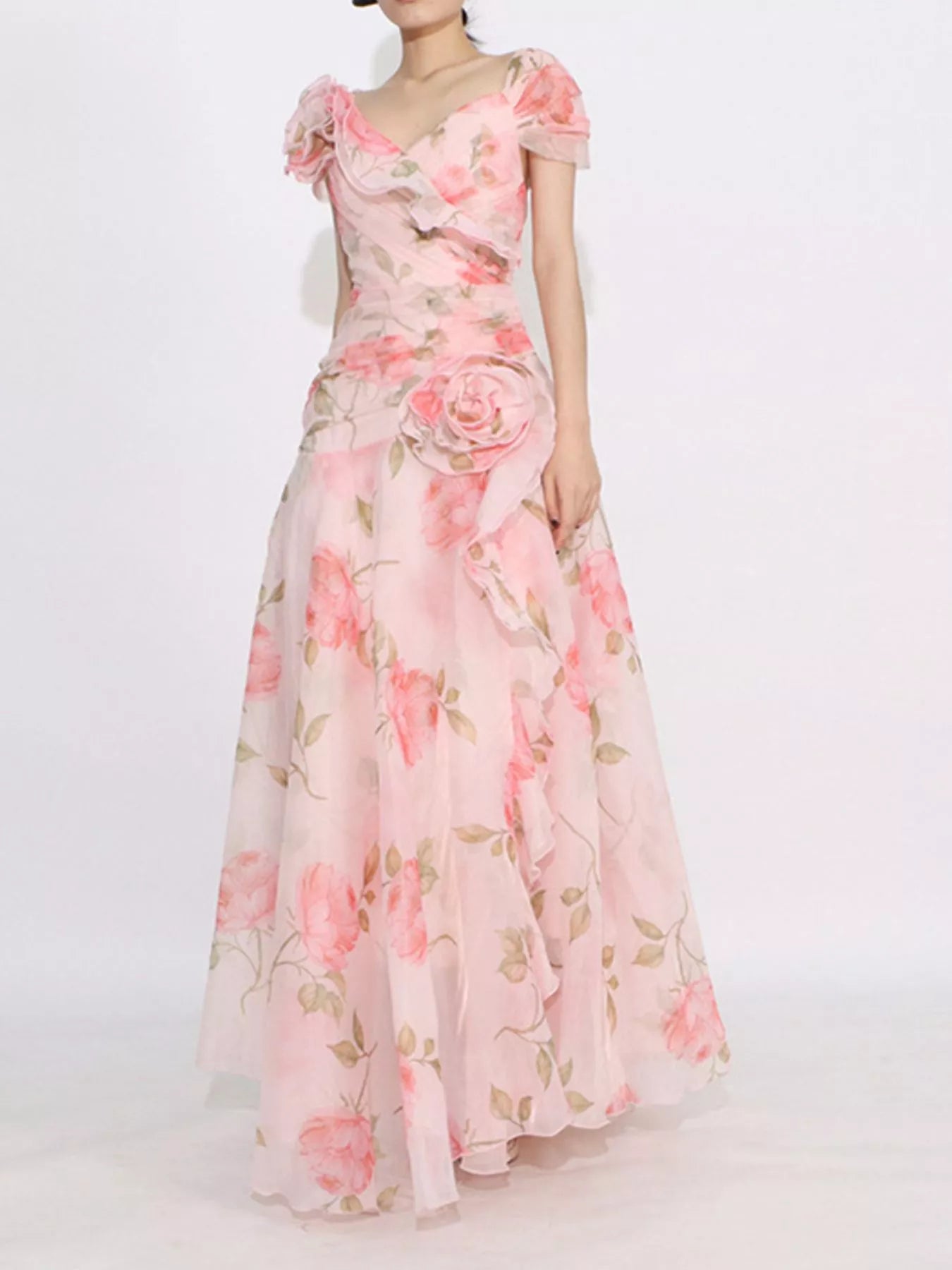Floral Ruffled Short Sleeve Maxi Dress