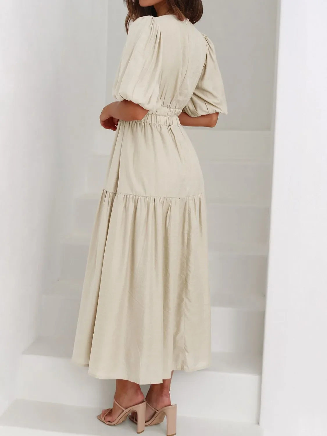 V-Neck Puff Sleeve Midi Dress